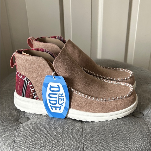 Hey Dude Shoes - Hey Dude Tan Canvas Slip-On Boots with Red Patterned Heel